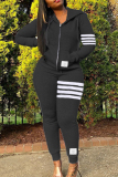 Black Fashion Casual Striped Patchwork Hooded Collar Long Sleeve Two Pieces