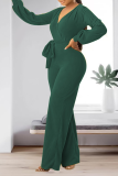 Ink Green Casual Solid Patchwork V Neck Straight Jumpsuits