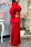 Red Sexy Solid Hollowed Out Patchwork Asymmetrical Collar Straight Jumpsuits