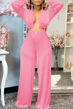 Red Sexy Solid Hollowed Out Patchwork Asymmetrical Collar Straight Jumpsuits