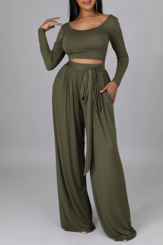 Green Casual Elegant Solid Bandage Patchwork U Neck Long Sleeve Two Pieces