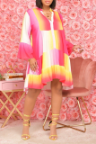 Pink Casual Print Patchwork V Neck Cake Skirt Dresses