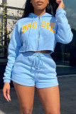 Sky Blue Fashion Casual Letter Print Zipper Hooded Collar Long Sleeve Two Pieces