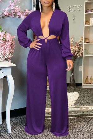 Purple Sexy Solid Hollowed Out Patchwork Asymmetrical Collar Straight Jumpsuits