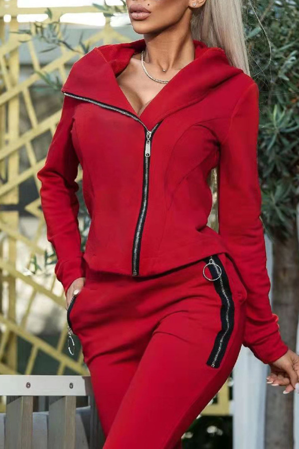 Red Casual Sportswear Solid Patchwork Zipper Hooded Collar Long Sleeve Two Pieces