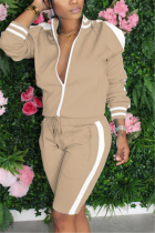 Khaki Fashion Zipper Long Sleeve Top Sports Set