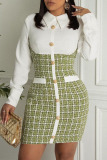 Green Yellow Casual Plaid Patchwork Buckle Turndown Collar Dresses