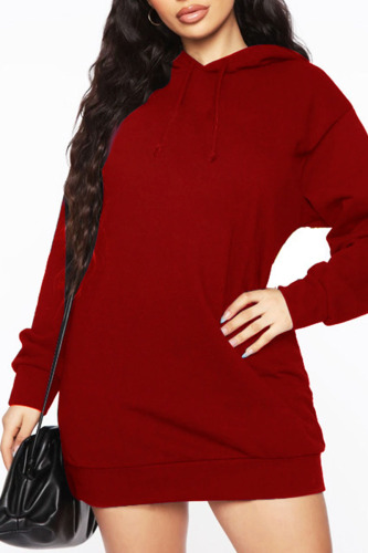 Burgundy Casual Solid Patchwork Hooded Collar Long Sleeve Dresses