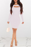 White Sexy Casual Solid Hollowed Out O Neck Long Sleeve Dresses