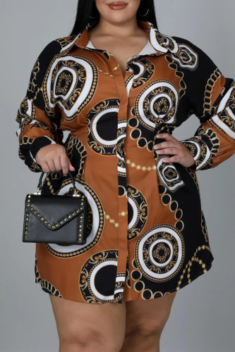 Brown Fashion Casual Plus Size Print Basic Turndown Collar Shirt Dress
