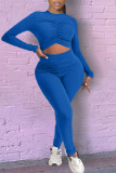 Blue Sexy Solid Hollowed Out Patchwork Fold O Neck Regular Jumpsuits
