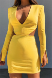 Yellow Sexy Casual Solid Hollowed Out V Neck Long Sleeve Dresses