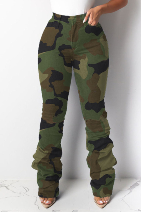 Army Green Casual Solid Split Joint Fold High Waist Regular Denim Jeans