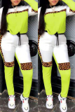 Fluorescent Green Fashion Casual Leopard Patchwork O Neck Long Sleeve Two Pieces