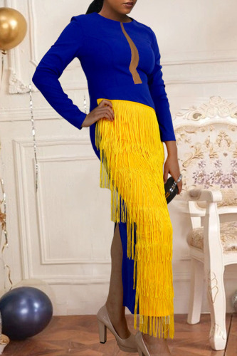 Blue Elegant Solid Tassel Patchwork See-through Fold O Neck Irregular Dress Dresses