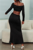 Black Fashion Sexy Solid Hollowed Out O Neck Long Sleeve Two Pieces