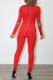 Red Fashion Casual Solid Hollowed Out Patchwork Zipper O Neck Skinny Jumpsuits
