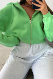 Green Sportswear Solid Draw String Hooded Collar Tops
