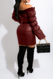 Burgundy Fashion Casual Solid Patchwork Zipper Collar Long Sleeve Two Pieces