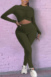 Army Green Sexy Solid Hollowed Out Patchwork Fold O Neck Regular Jumpsuits