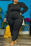 Black Fashion Casual Solid Split Joint O Neck Plus Size Two Pieces