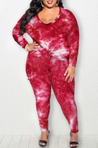 Red Casual Print Tie Dye Split Joint O Neck Plus Size Two Pieces