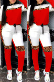 Red Fashion Casual Leopard Patchwork O Neck Long Sleeve Two Pieces