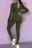 Army Green Sexy Solid Hollowed Out Patchwork Fold O Neck Regular Jumpsuits