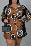 Brown Casual Print Split Joint Buckle Turndown Collar A Line Plus Size Dresses