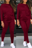 Rose Red Fashion Casual Solid Basic O Neck Long Sleeve Two Pieces