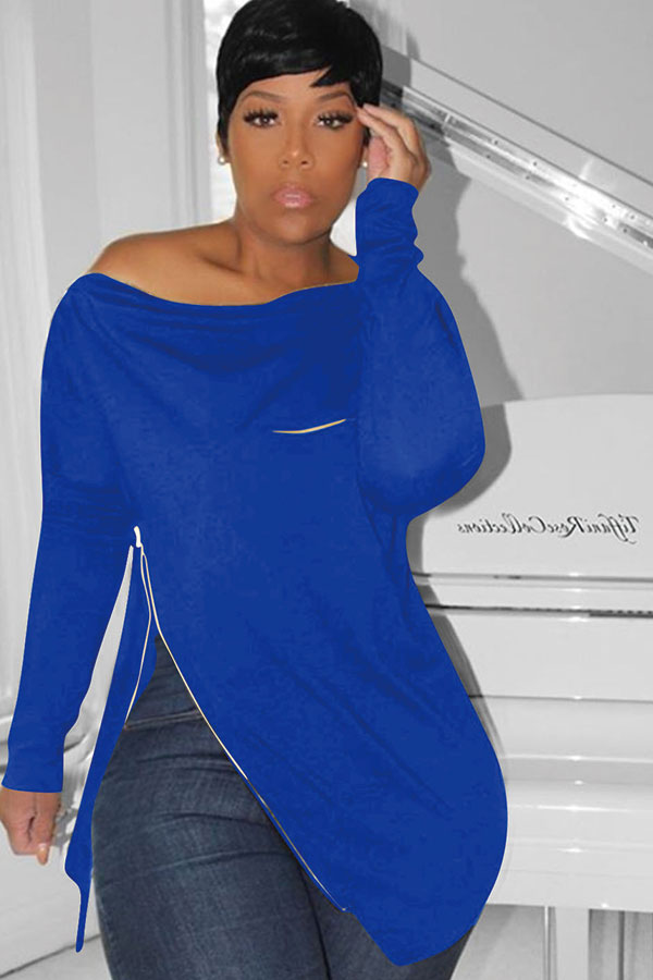 

Royal blue Asymmetrical Collar Long Sleeve Patchwork Zippered Solid asymmetrical
