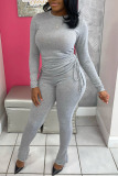 Grey Casual Solid Patchwork Draw String Fold O Neck Long Sleeve Two Pieces