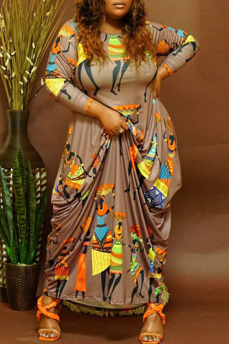 Brown Fashion Casual Print Basic O Neck Long Sleeve Plus Size Dresses
