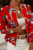 Red Fashion Casual Print Cardigan Zipper Collar Outerwear