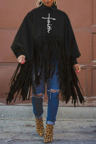 Black Fashion Casual Print Tassel Turtleneck Tops
