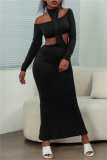 Black Fashion Sexy Solid Hollowed Out O Neck Long Sleeve Two Pieces