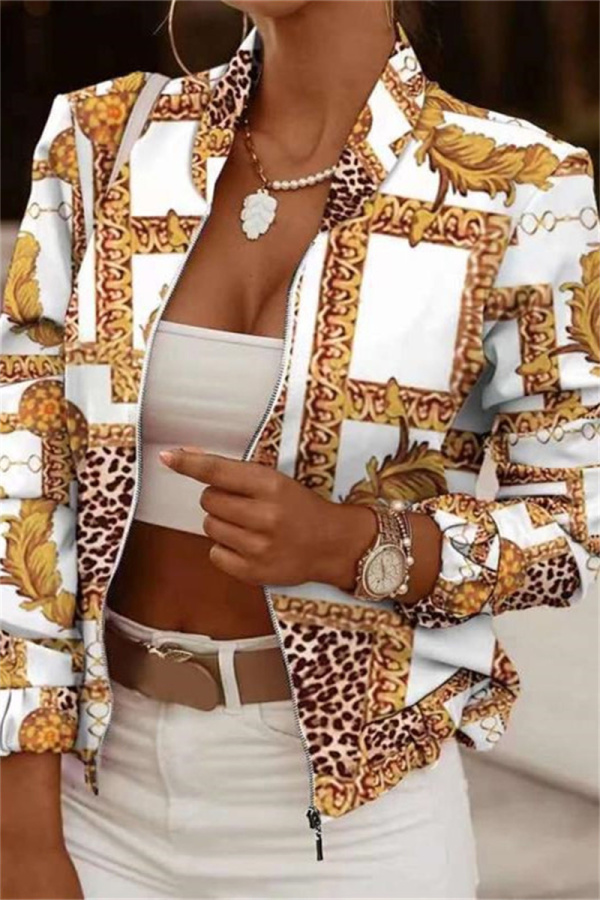 White Yellow Fashion Casual Print Cardigan Zipper Collar Outerwear