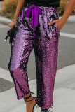 Purple Fashion Patchwork Draw String Capris Sequins Bottoms