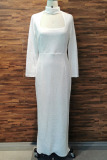 White Elegant Solid Hollowed Out Split Joint Turtleneck Dresses