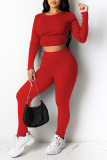 Red Sexy Solid Patchwork Frenulum Backless O Neck Long Sleeve Two Pieces