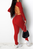 Red Sexy Solid Patchwork Frenulum Backless O Neck Long Sleeve Two Pieces
