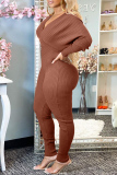 Coffee Fashion Casual Solid Patchwork V Neck Regular Jumpsuits