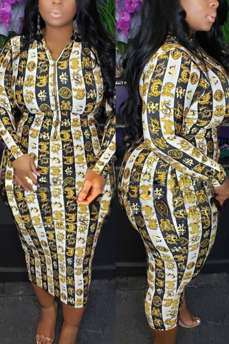 Yellow Fashion Casual Print Basic Zipper Collar Long Sleeve Plus Size Dresses