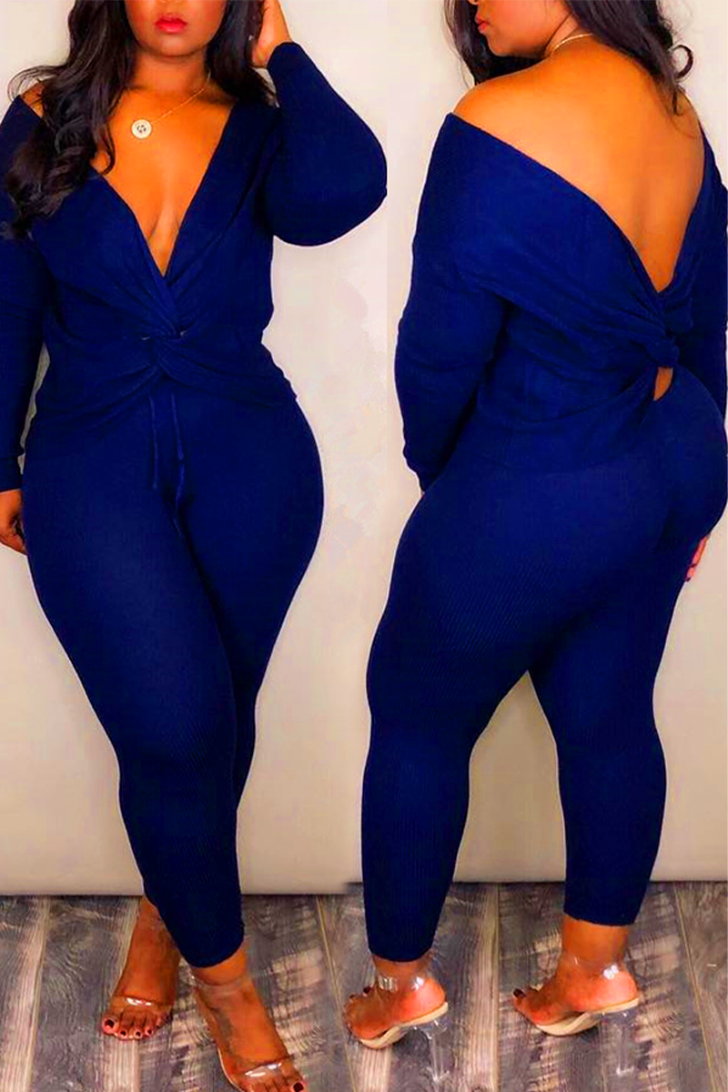 

Deep Blue Casual Cross-over Design Two-piece Pants Set