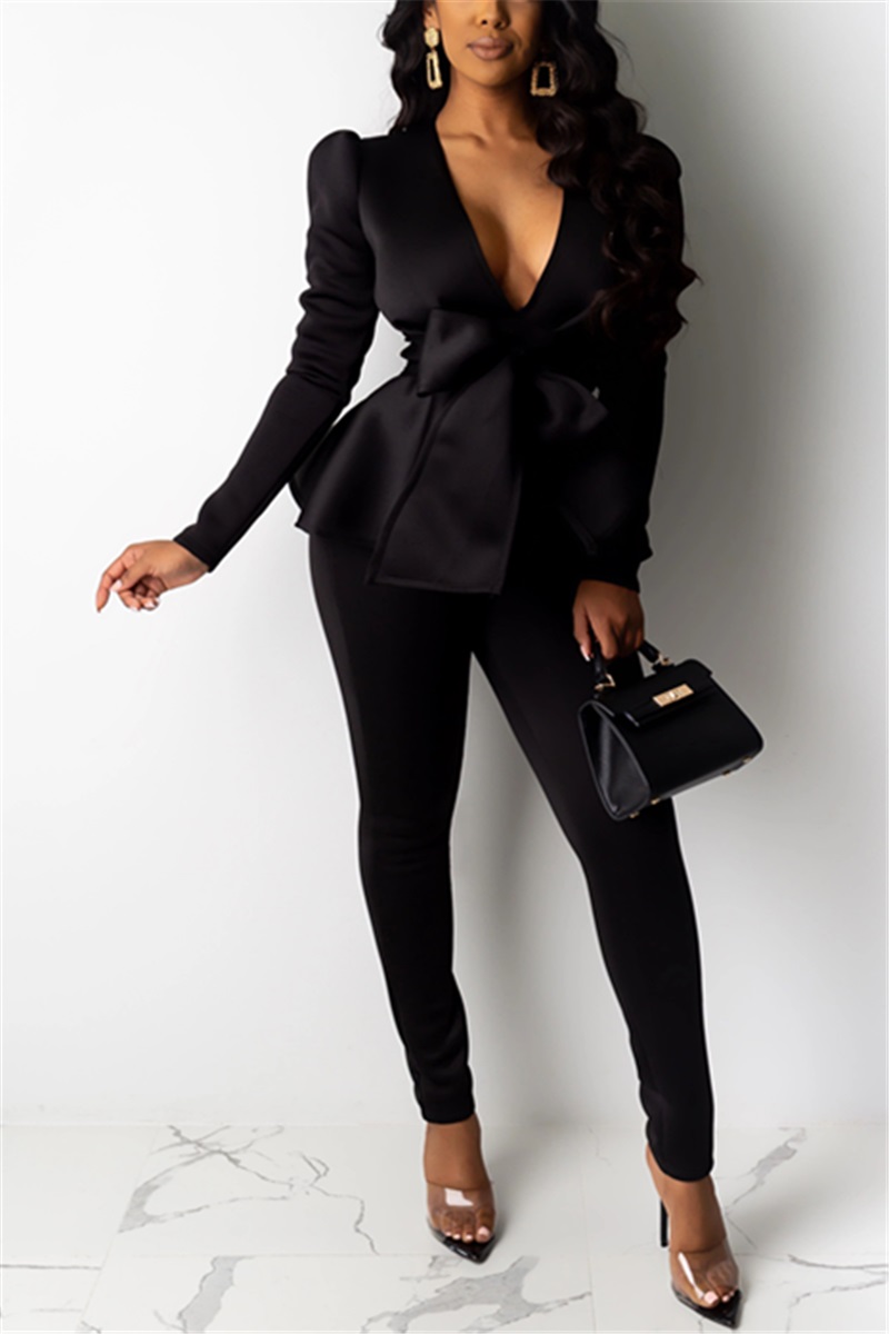 Fashion Ruffled Professional Uniform Black Two-Piece Suit