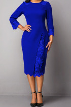 Blue Elegant Solid Embroidered Hollowed Out Patchwork O Neck Straight Dresses