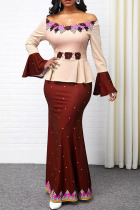 Nude Pink Casual Elegant Print Patchwork Off the Shoulder Straight Dresses