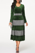 Green Casual Solid Patchwork Flounce V Neck Long Sleeve Dresses