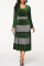 Green Casual Solid Split Joint Flounce V Neck Long Sleeve Dresses