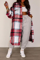 White Red Casual Plaid Patchwork Turndown Collar Outerwear
